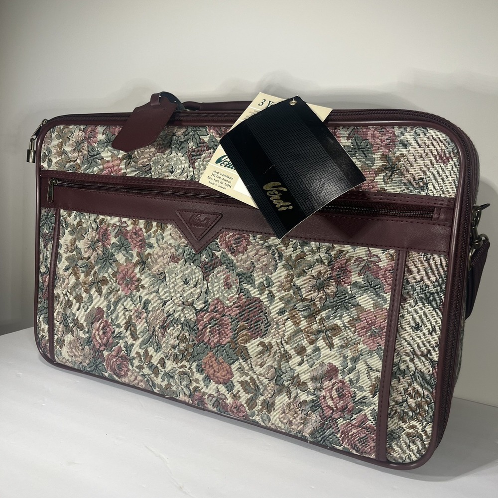 NEW Vintage HTF 1980's Burgundy Floral Verdi Suitcase Luggage-Linda fabric print